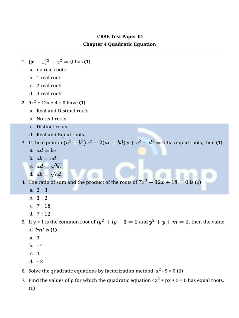 CBSE Quadratic Equation Test Paper | PDF | Quadratic Equation ...