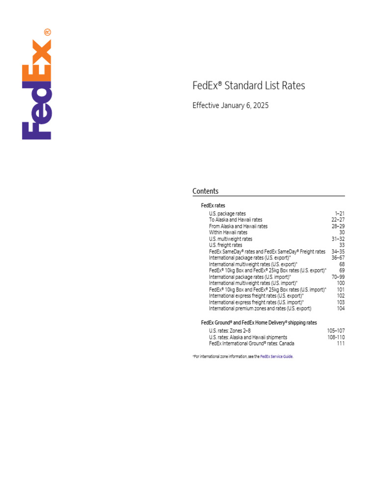 FedEx Standard List Rates 2025 | PDF | Fed Ex | Transport