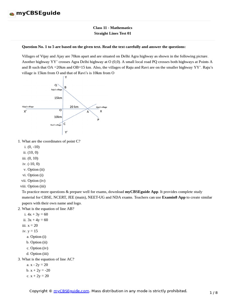 Class 11 Mathematics Straight Lines Test | PDF | Slope | Triangle