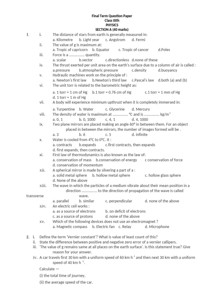 Class IX Physics Term Exam Paper | PDF | Force | Waves