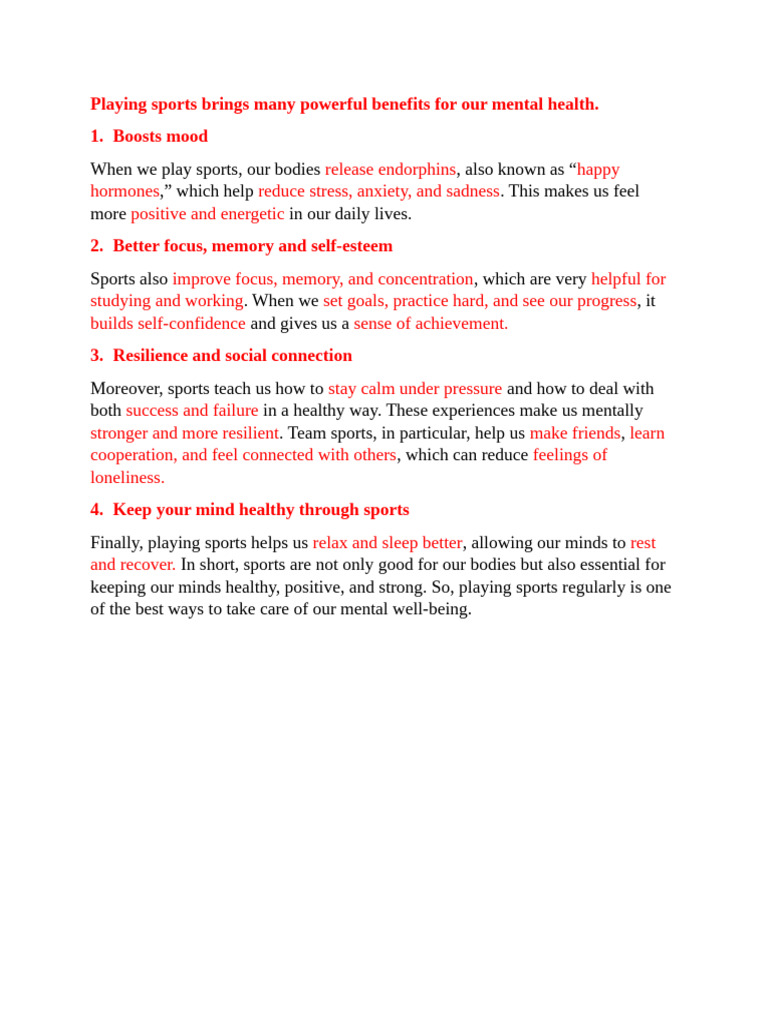 Mental Health Benefits of Playing Sports | PDF