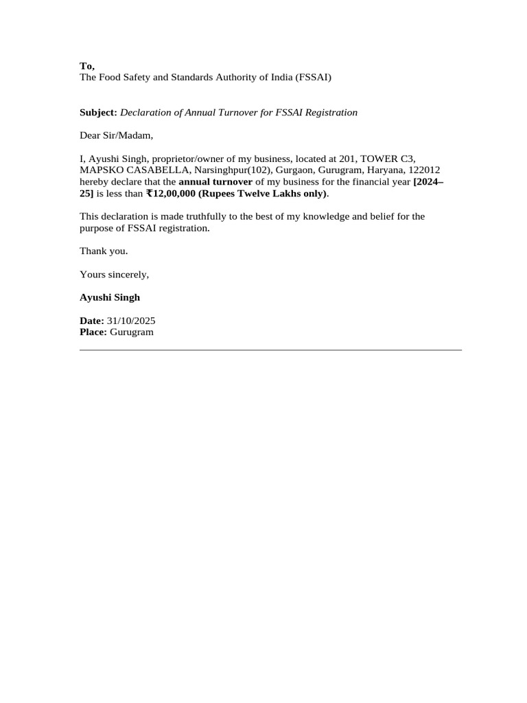 FSSAI Registration Turnover Declaration | PDF