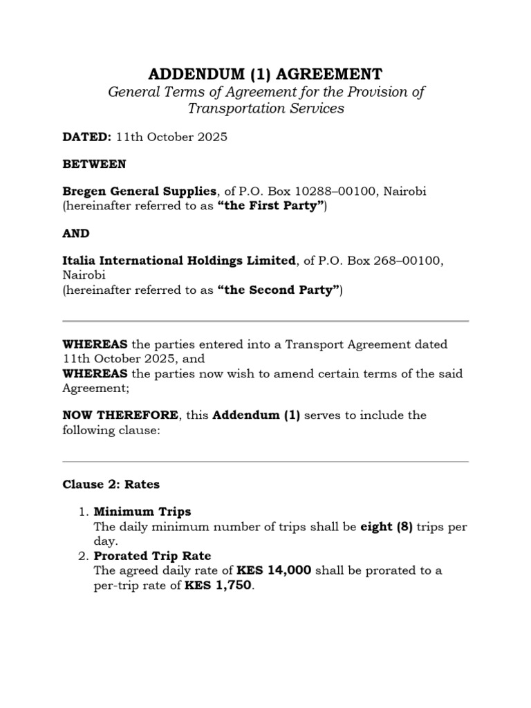 Transportation Services Agreement Addendum | PDF