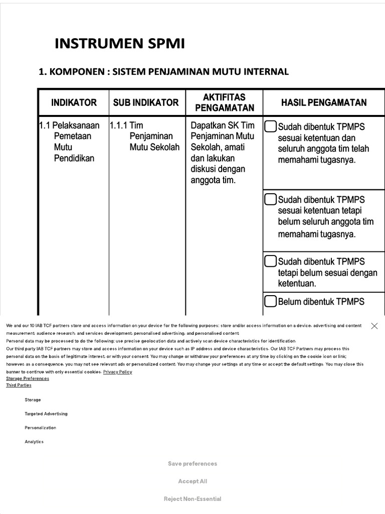 Instrumen Pengembangan SPMI Sekolah | PDF