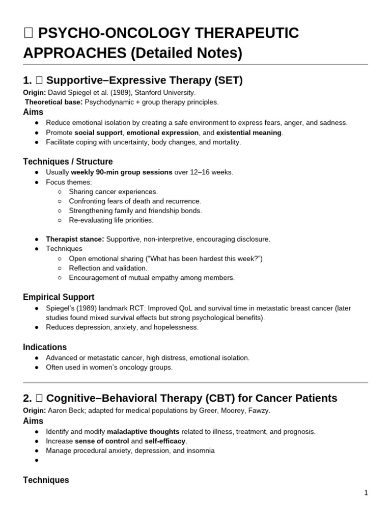 ? Psycho-Oncology Therapeutic Approaches (Detailed Notes) | PDF ...