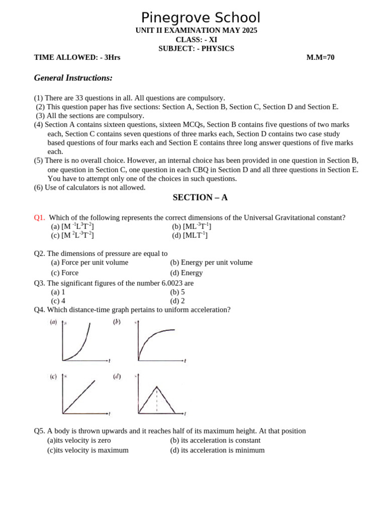 Physics Exam Paper Class XI May 2025 | PDF | Acceleration | Velocity