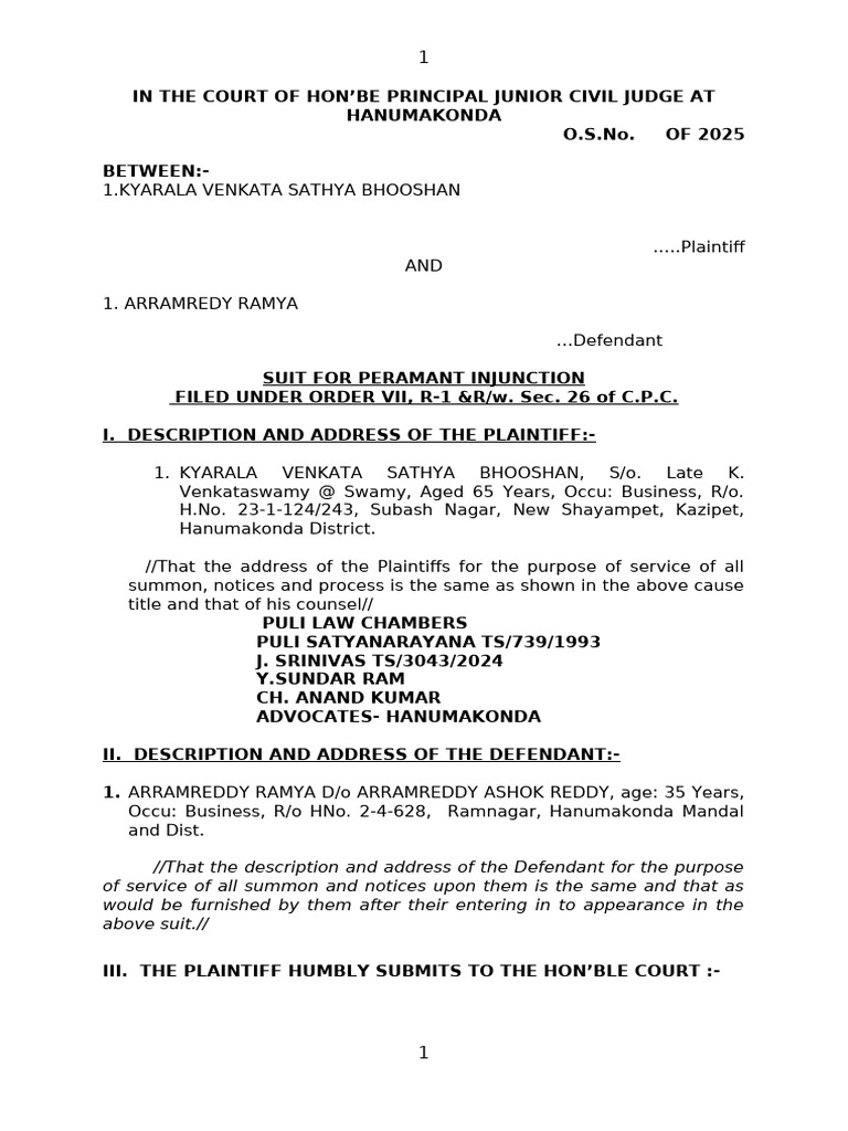 Permanent Injunction Suit in Hanumakonda | PDF | Lawsuit | Affidavit