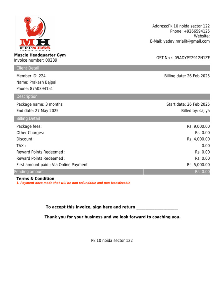 Muscle Headquarter Gym Invoice 00239 | PDF