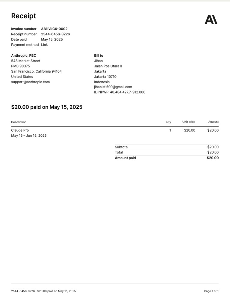 Claude Receipt-2544-6456-8226 | PDF
