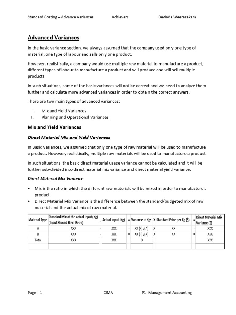 CIMA P1 Standard Costing - Advanced Variances-1 | PDF | Labour ...