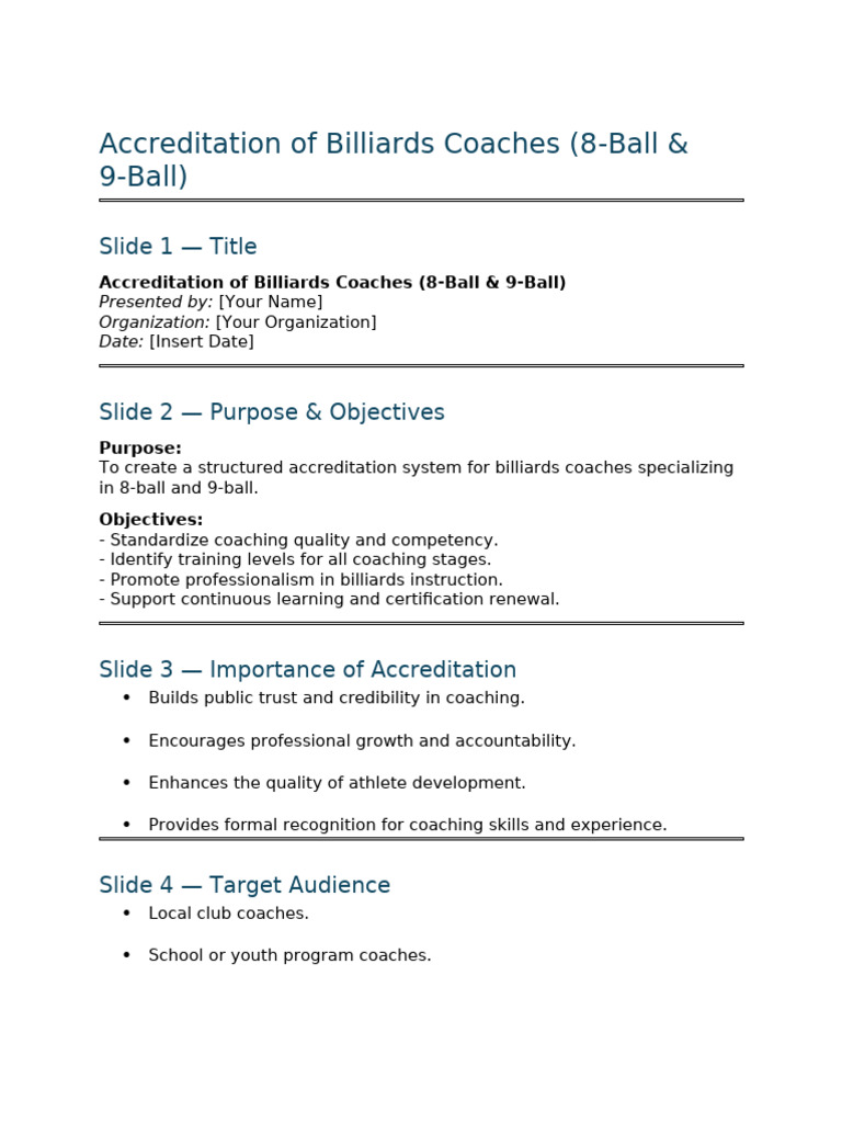 Accreditation of Billiards Coaches (8 Ball & 9 Ball) - Presentation ...
