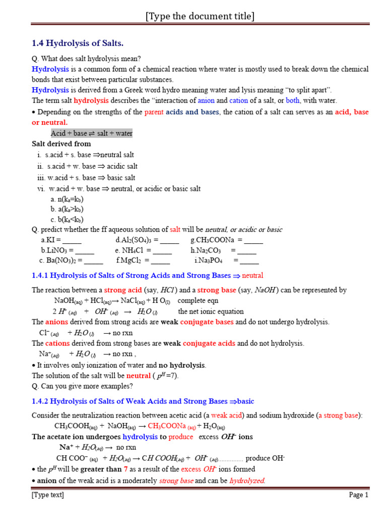 Salt Hydrolysis Explained | PDF | Salt (Chemistry) | Acid