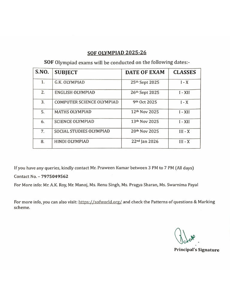 Sof Olympiad Exam Schedule 2025 | PDF