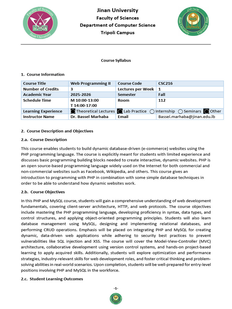 Web Programming II Course Syllabus | PDF | Php | Databases