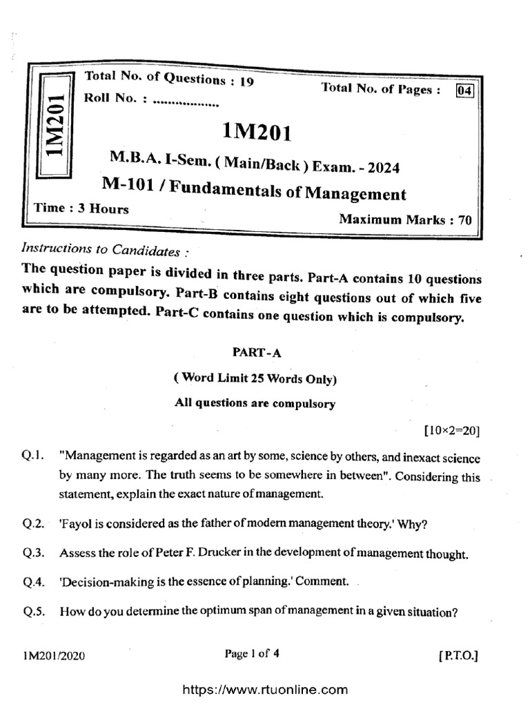 Mba 1 Sem Fundamentals of Management 1m201 2024 | PDF