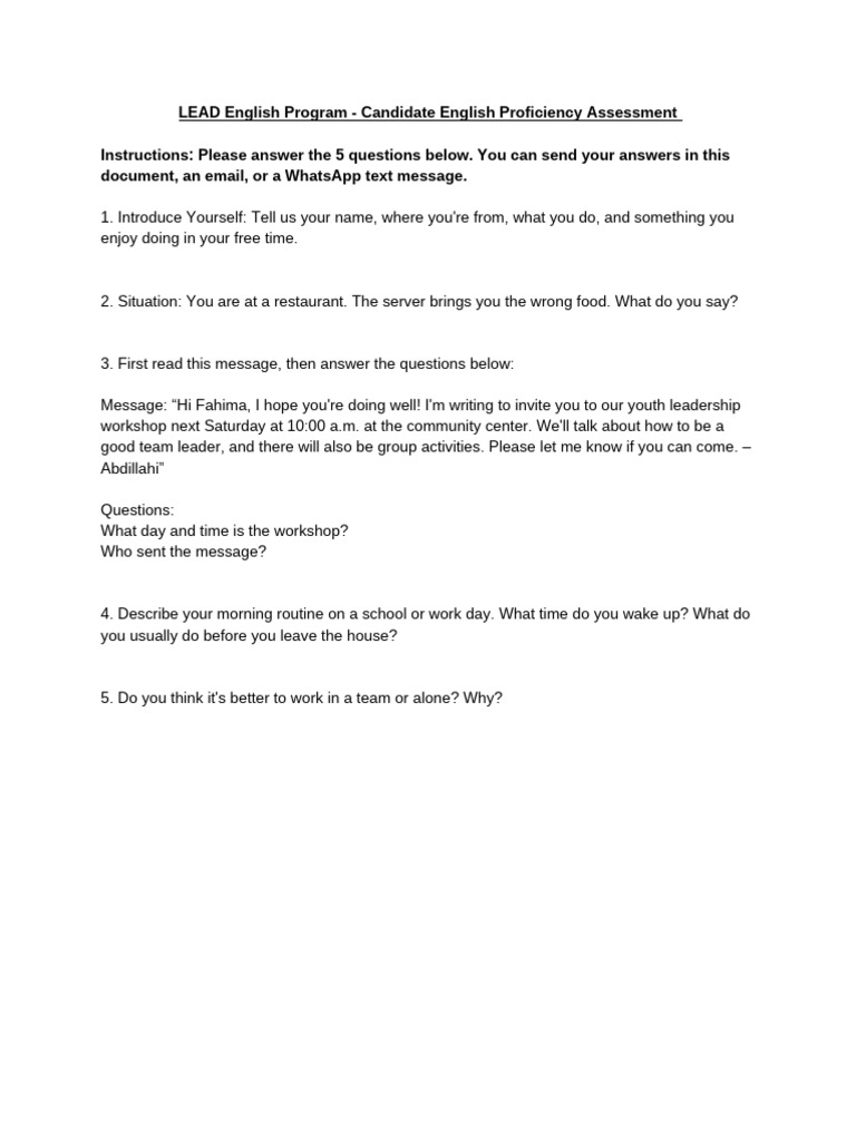 LEAD English Program Candidate English Proficiency Screening Test | PDF