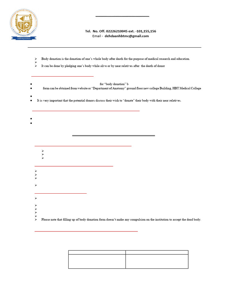 Guidelines For Body Donation | PDF | Medicine | Medical Specialties