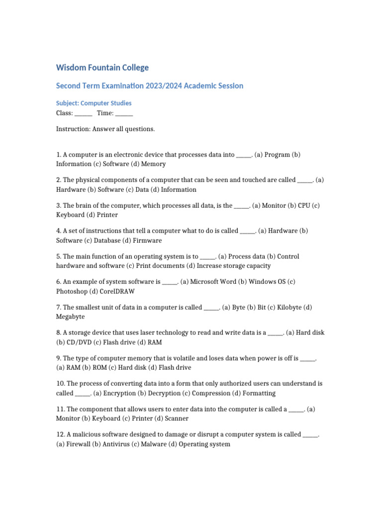 Computer Studies Exam Questions 2023 | PDF | Computer Data Storage ...