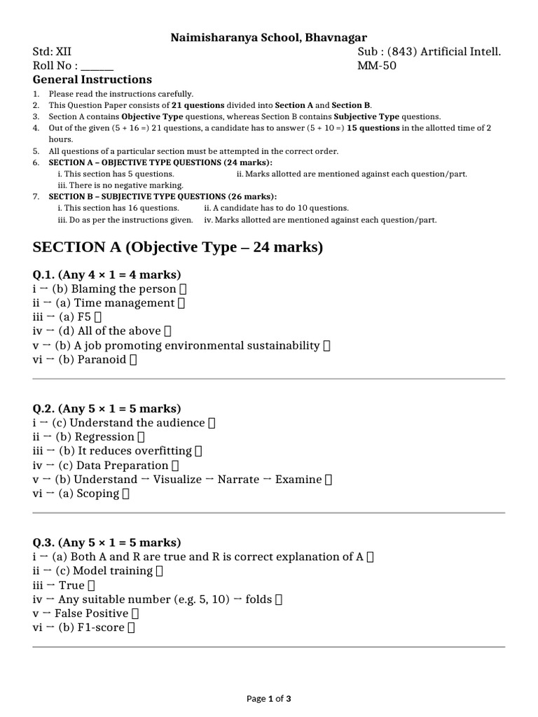 Class 12 AI Sample Paper 2025-26 | PDF | Artificial Intelligence ...