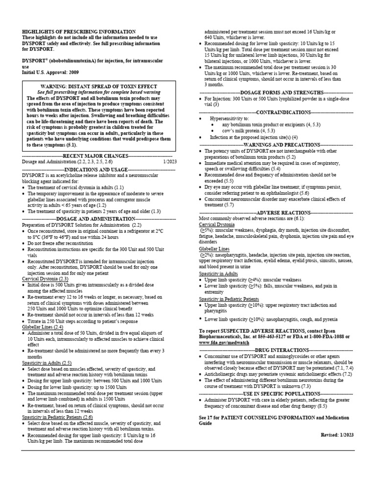 DYSPORT Injection Dosage Guidelines | PDF | Botulinum Toxin | Medicine