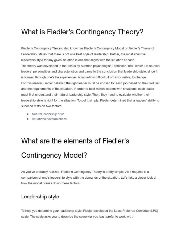 Fiedler's Contingency Theory Explained | PDF | Leadership | Behavioural ...