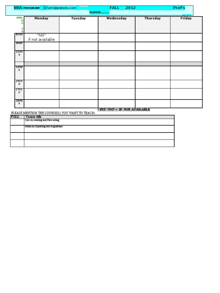 Bba Prof Availability Fall 2012 | PDF