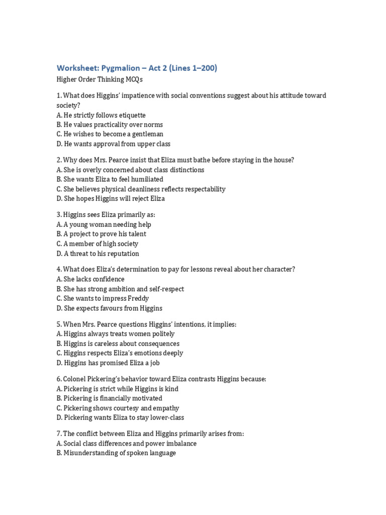 Pygmalion Act2 Worksheet | PDF