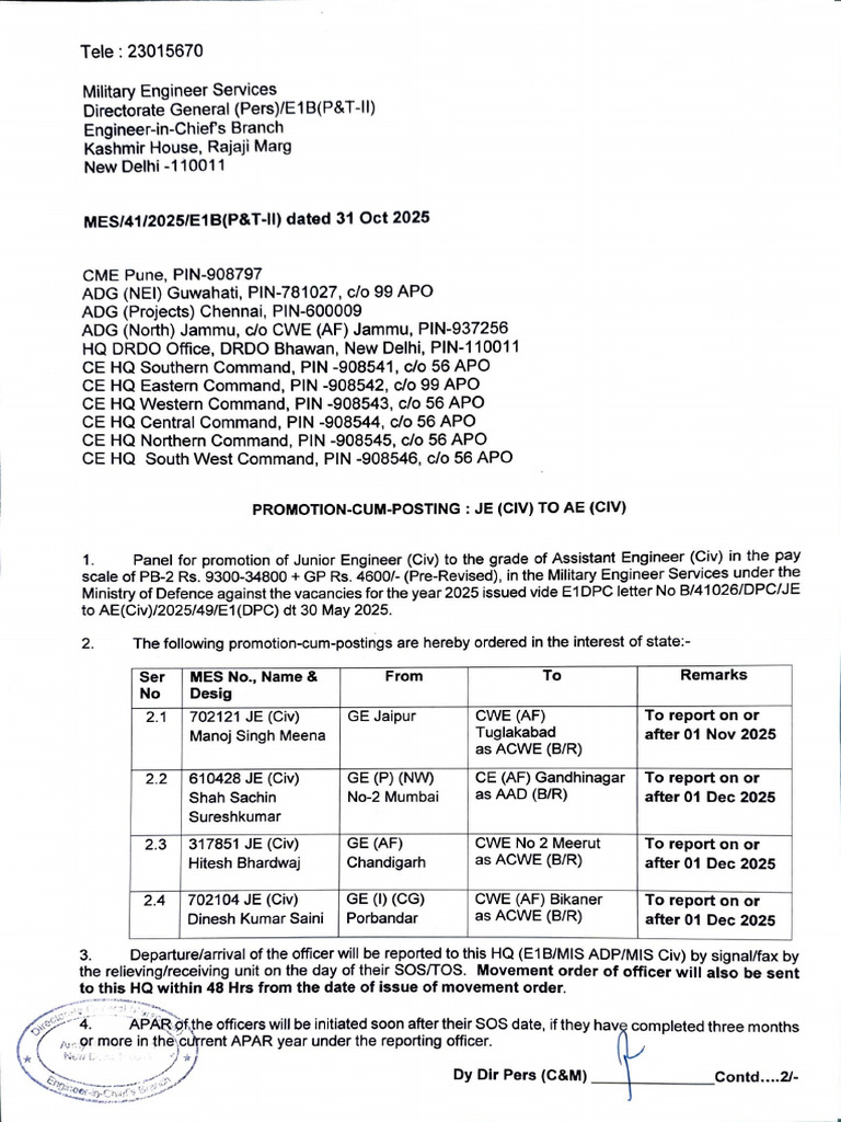 MES Promotion Order: JE to AE (Civ) 2025 | PDF