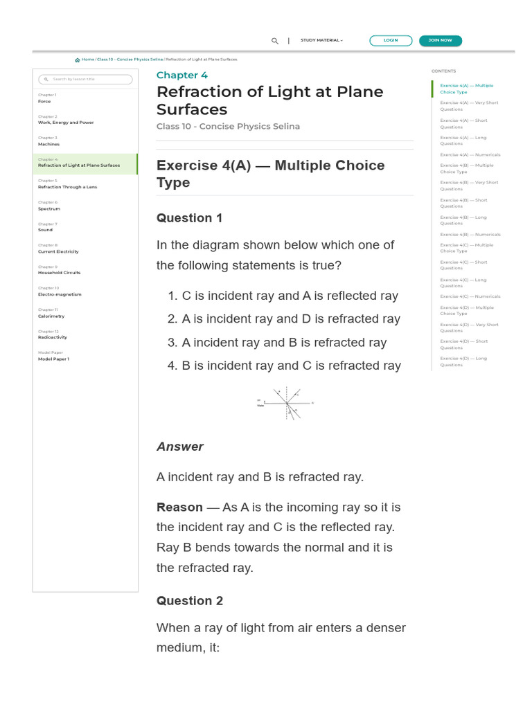 Class 10 Physics Refraction Exercises | PDF | Refraction | Refractive Index
