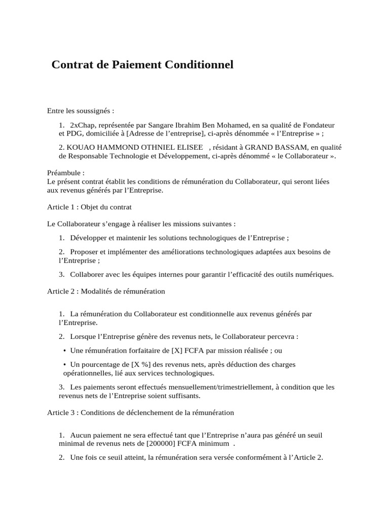 Contrat de Paiement Conditionnel Collaborateur | PDF