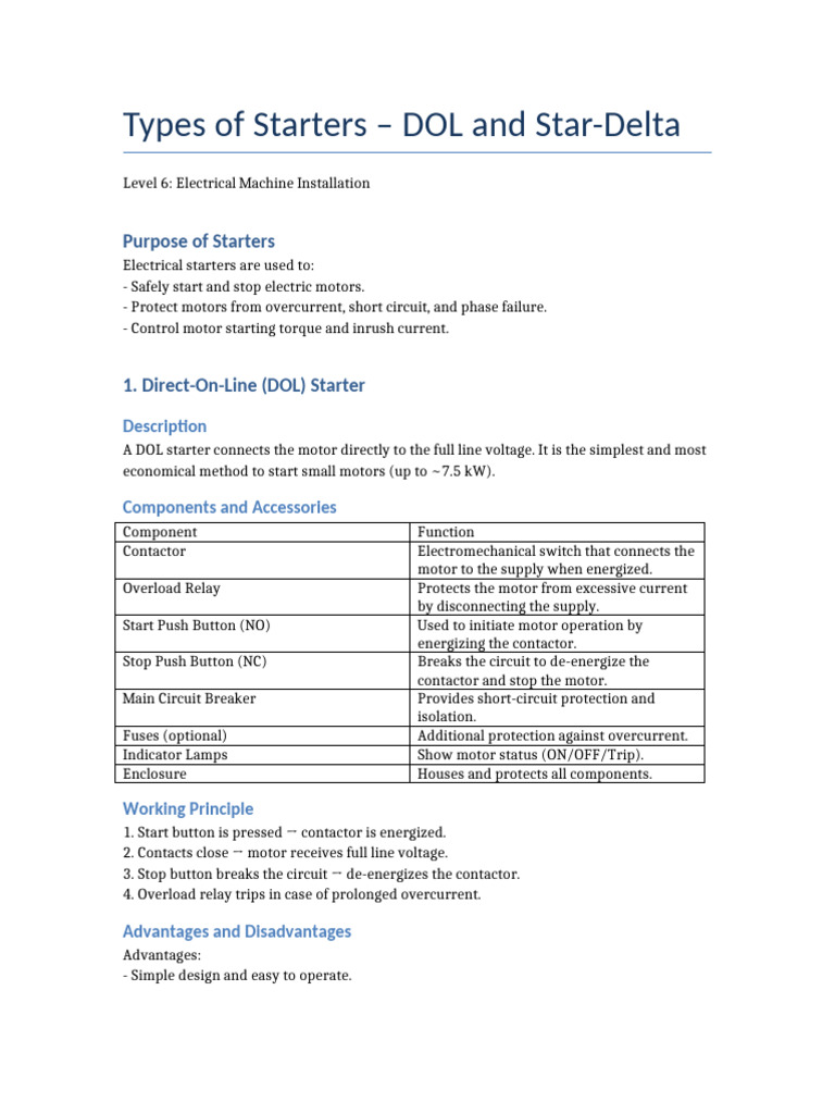 DOL Vs StarDelta Starter Overview PDF Relay Electric Motor 