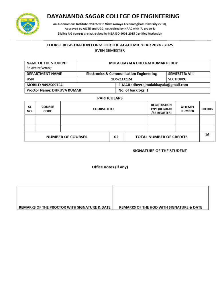 8 Sem Course Registration Form ECE EVEN-2024-25 | PDF | Educational ...