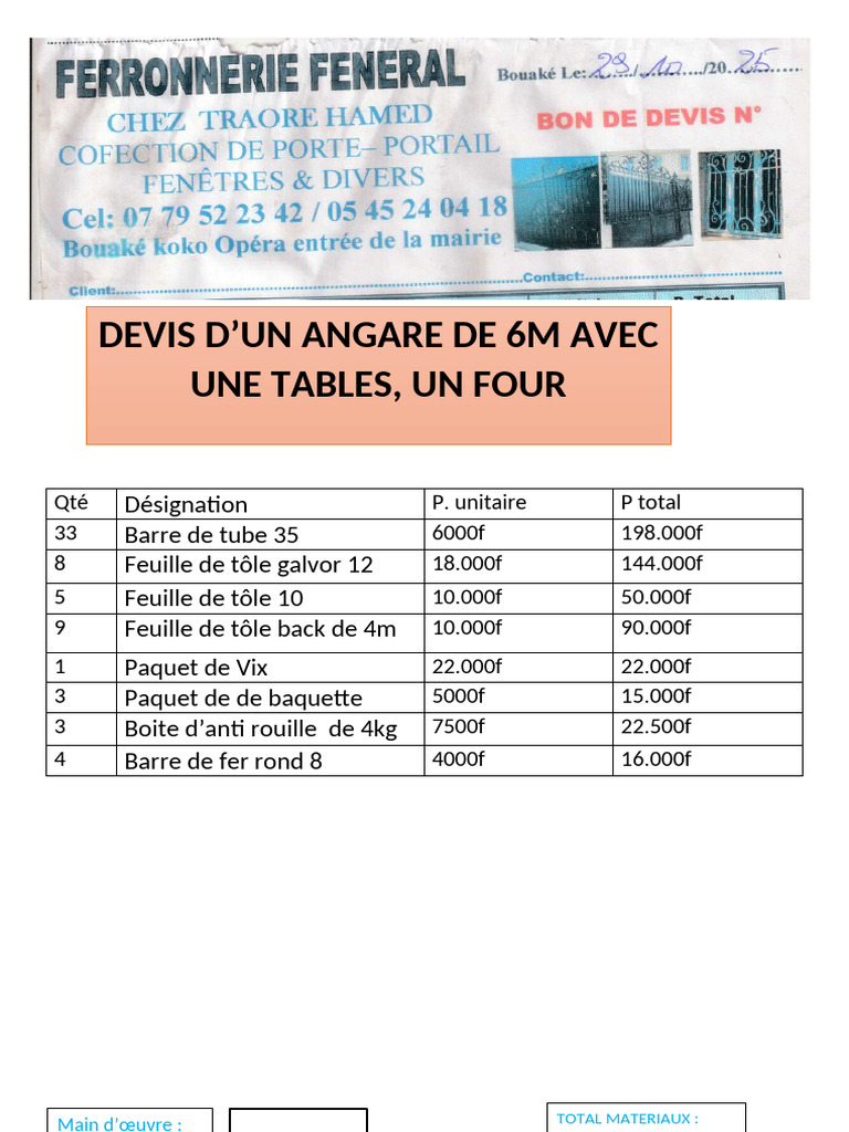 Devis pour construction d'angare 6m | PDF