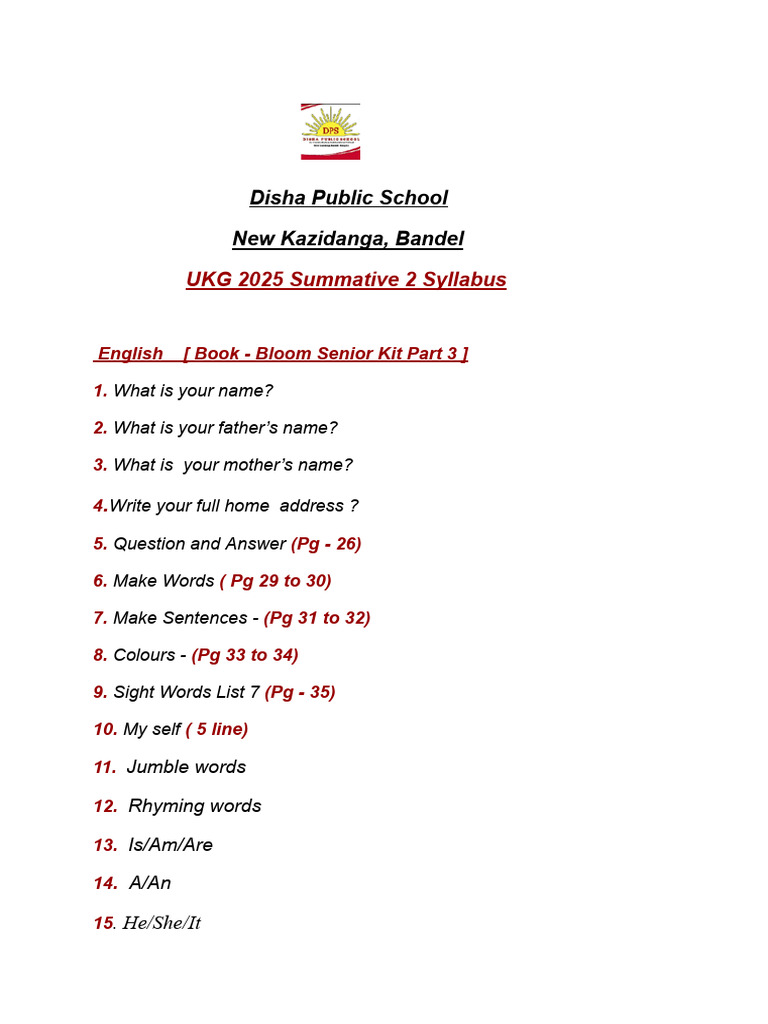 UKG 2025 English & Bengali Syllabus | PDF | Zoology