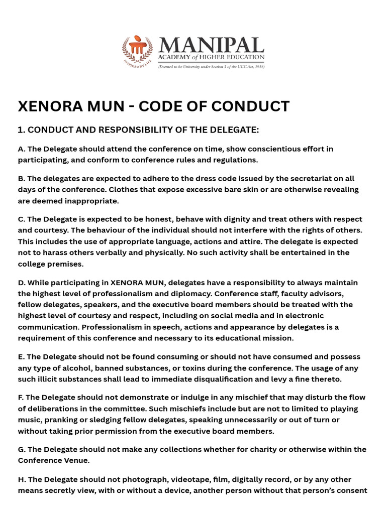 XENORA MUN Code of Conduct Guidelines | PDF | Harassment | Sexual ...
