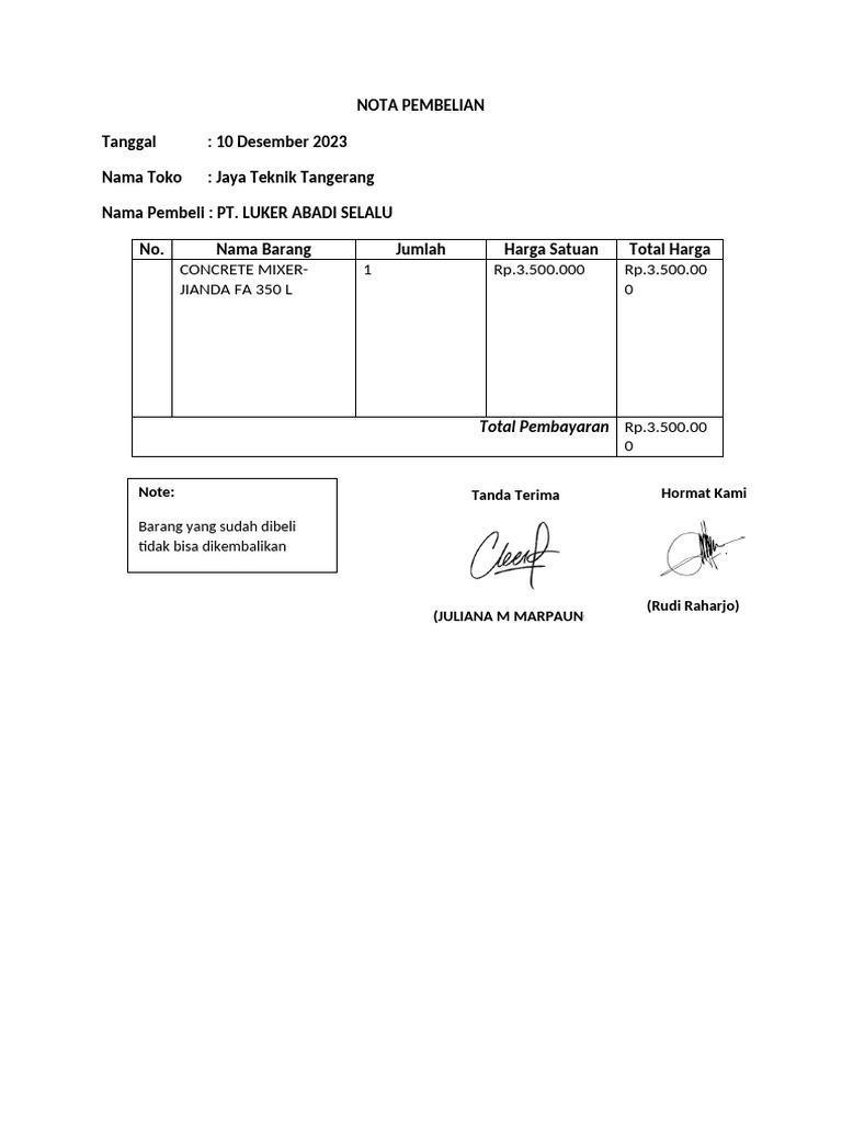 Nota Pembelian Jaya Teknik Tangerang | PDF