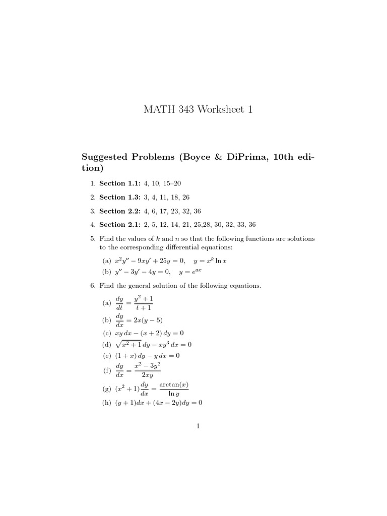 MATH 343 Differential Equations Worksheet | PDF