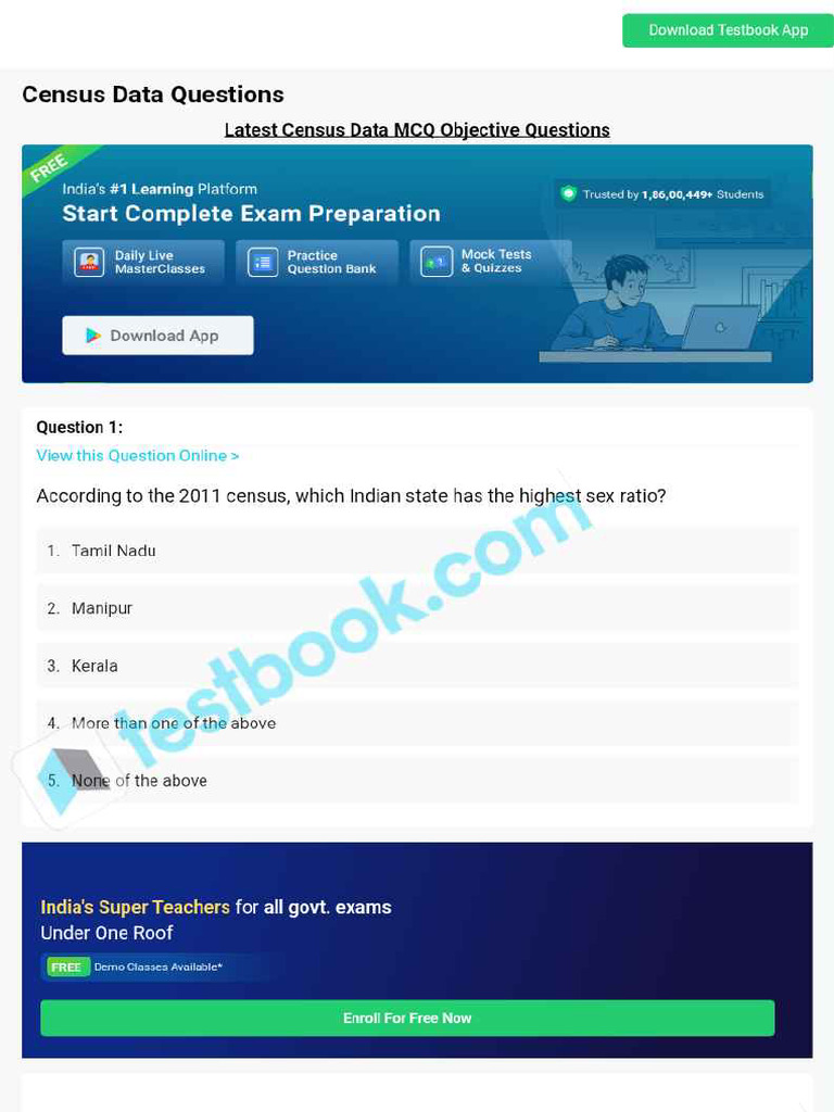 MCQ On Census Data 5eea6a1239140f30f369ecae | PDF