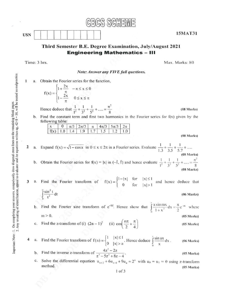 Be Mat 3 Sem Engineering Mathematics 3 15mat31 Aug 2021 | PDF