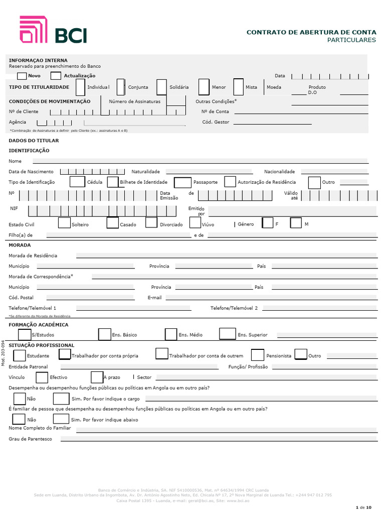 Contrato de Abertura de Conta BCI | PDF | Cheque (banco) | Conta de ...