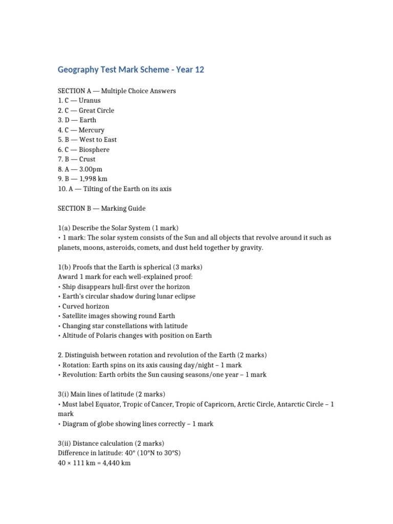 Year 12 Geography Test Mark Scheme | PDF