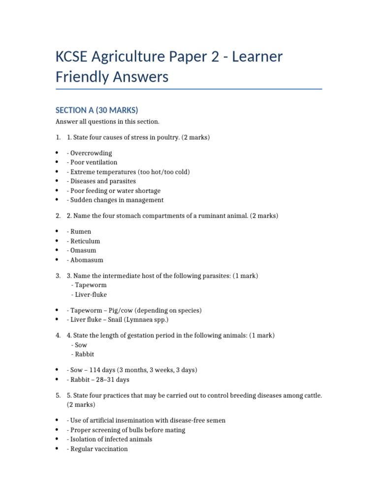 KCSE Agriculture Paper 2 Study Guide PDF Cattle Ruminant