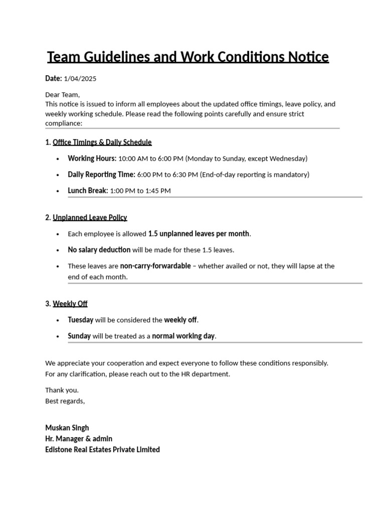 Updated Team Work Conditions Notice | PDF