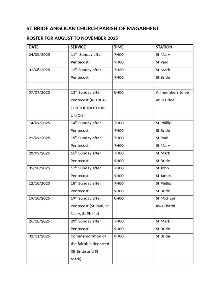 St Bride Anglican Church Service Roster | PDF