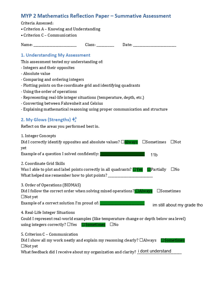 MYP2 Math Reflection Paper | PDF | Mathematics | Cognition