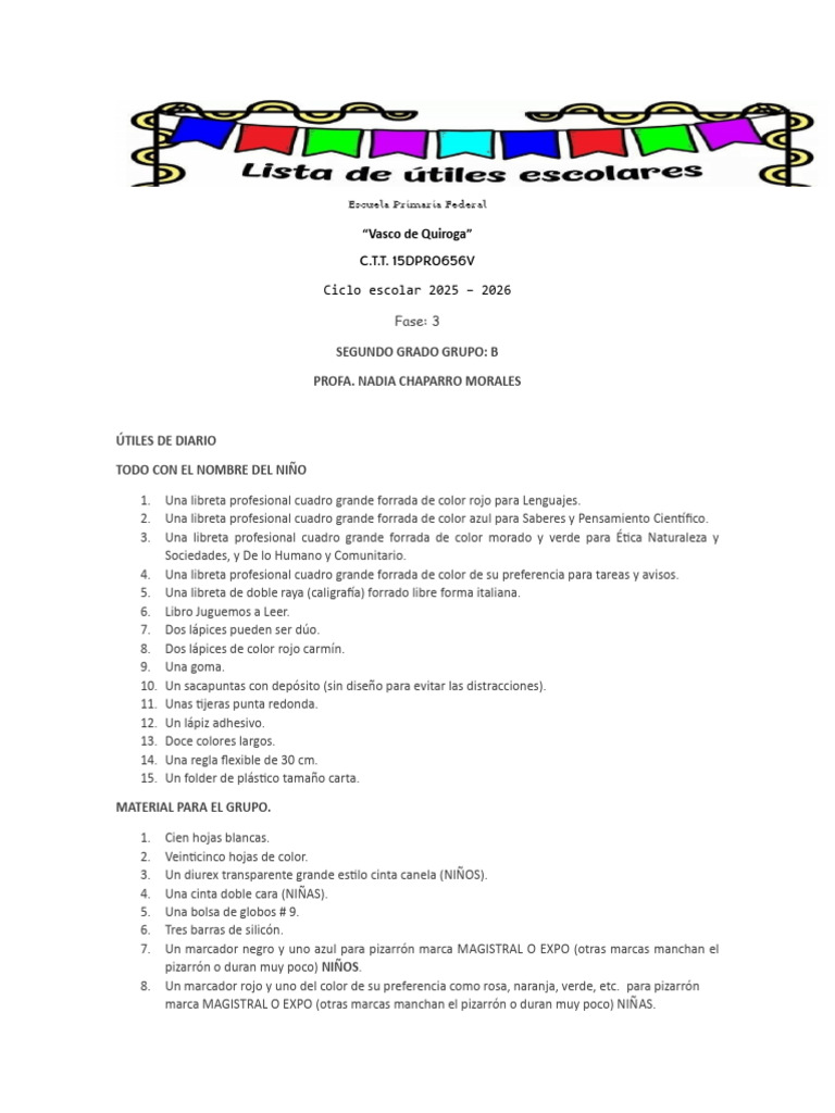 Útiles escolares segundo grado 2025-2026 | PDF | Color