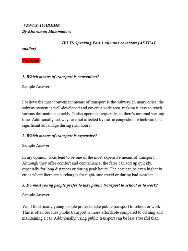 IELTS Speaking Part 1 Sample Answers | PDF | Public Transport | Transport