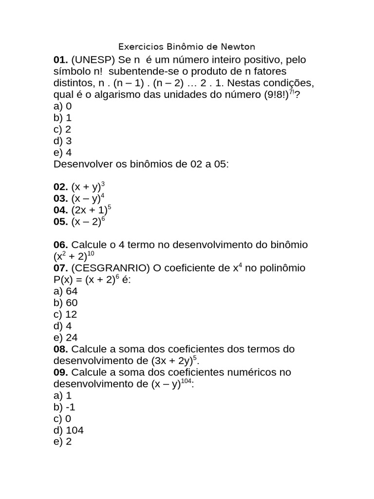 Exercícios sobre Binômio de Newton | PDF