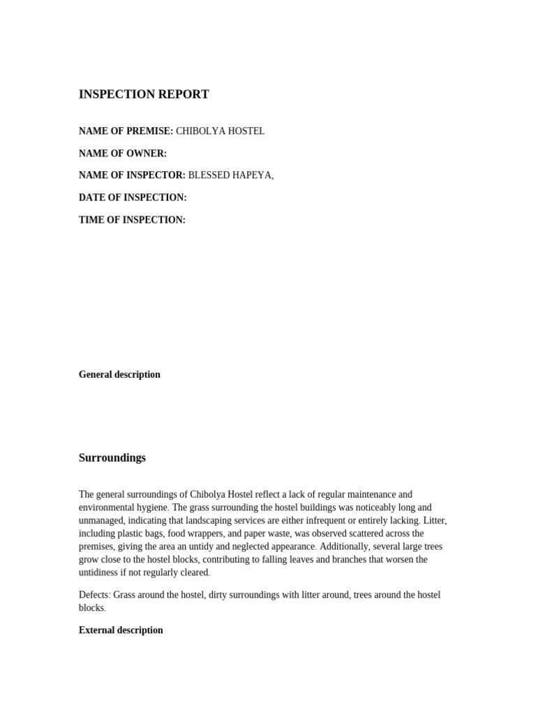 Chibolya Hostel Inspection Report | PDF | Hygiene | Bathroom