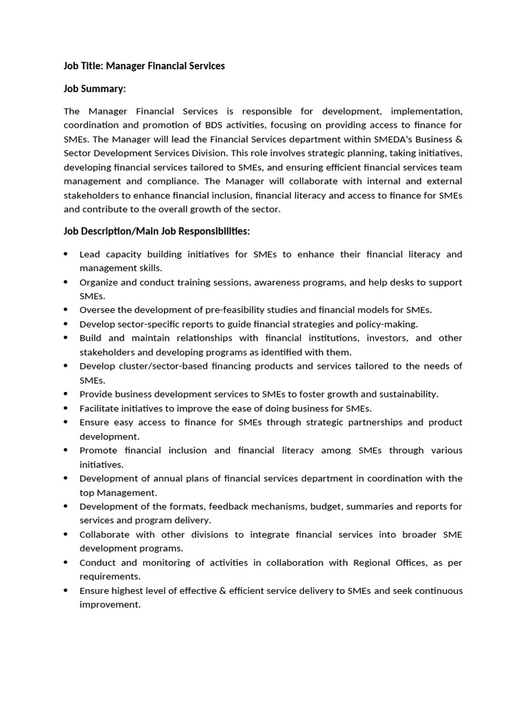 Financial Services Manager Job Overview | PDF | Financial Inclusion ...